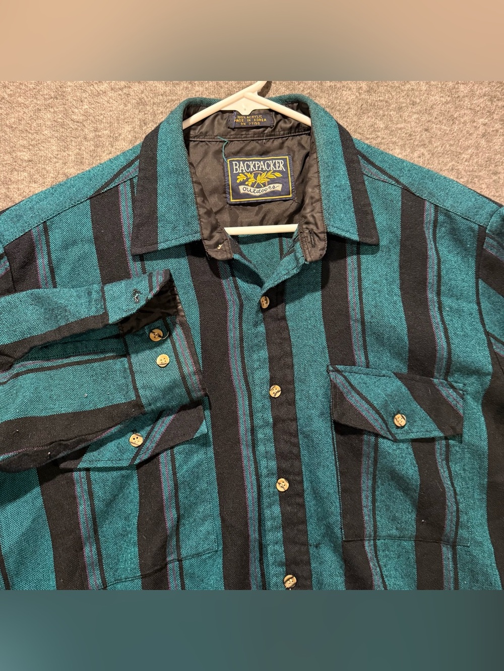 Backpacker Vtg Shirt Mens L 16-16.5 Teal Green Black Western Button Up Striped